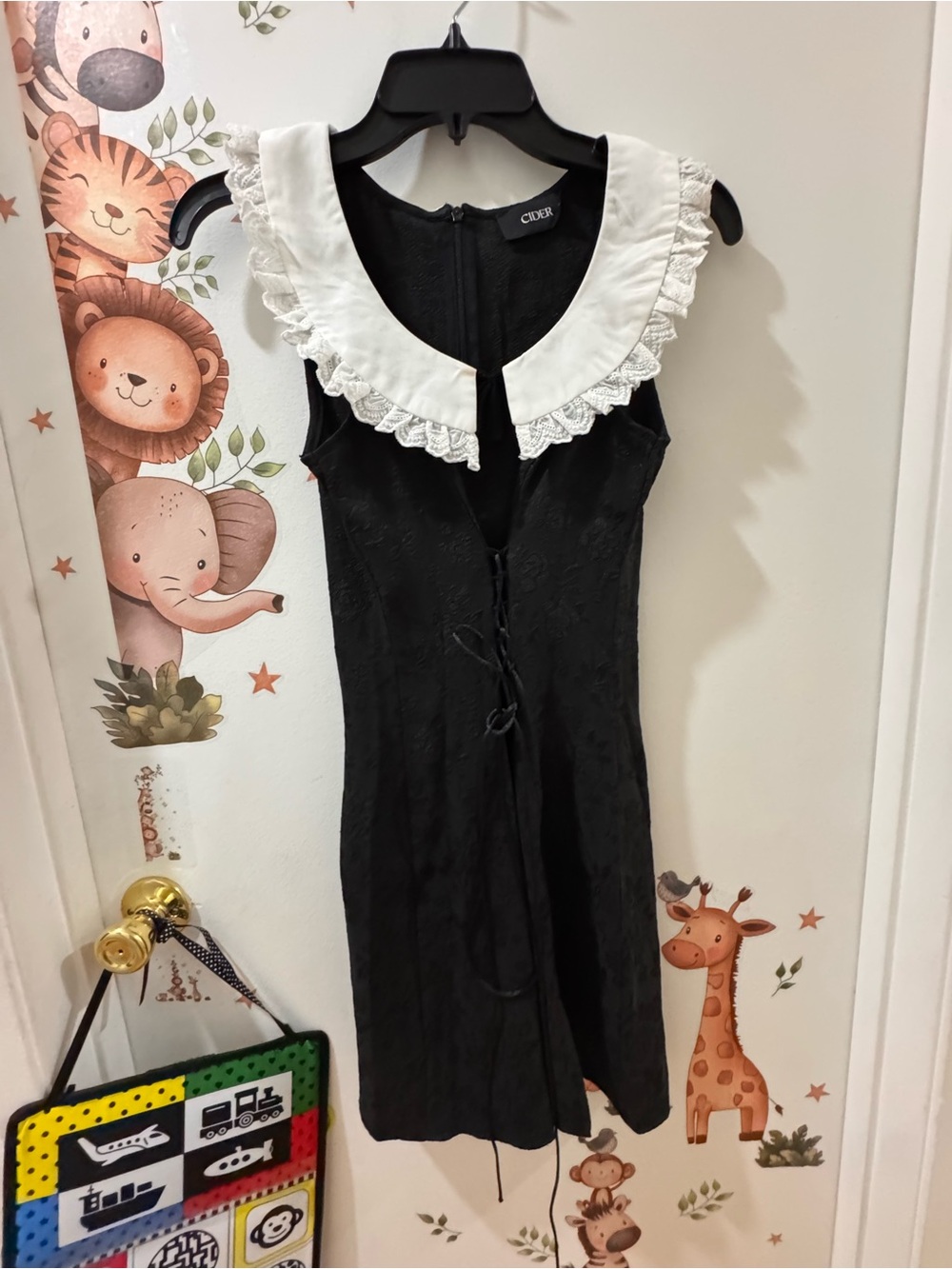Cider Black Mini Dress with White Lace Collar